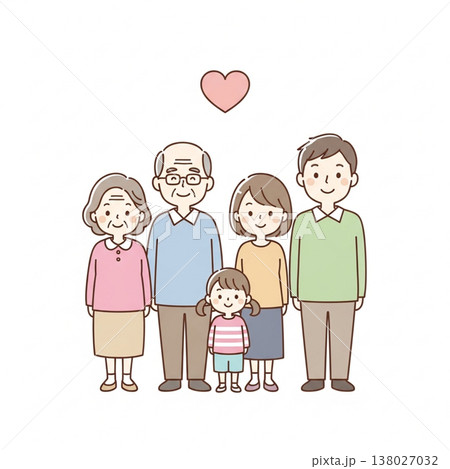 三世代家族のほっこりイラスト｜祖父母・両親・子供の笑顔の集合 138027032
