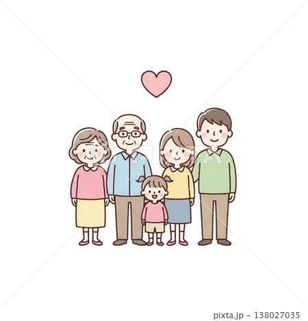 三世代家族のほっこりイラスト｜祖父母・両親・子供の笑顔の集合 138027035