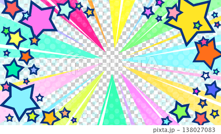 A colorful, cute, and pop vector graphic with stars popping out and converging lines on a white background. Suitable for 16:9 YouTube thumbnail ads. 138027083