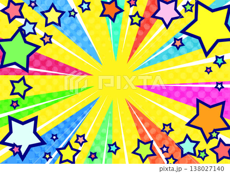 星が飛び出すカラフルで派手で賑やかな放射線黄色背景ベクター素材。ポスター広告用 138027140