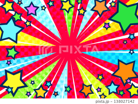 星が飛び出すカラフルで派手で賑やかな集中線赤色背景ベクター素材。ポスター広告用 星が飛び出すカラフルで派手で賑やかな集中線赤色背景ベクター素材。ポスター広告用 138027142