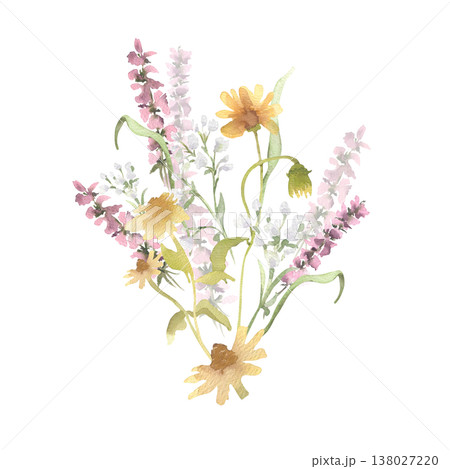 Loose watercolor wildflower bouquet drawing. Artistic flower arrangement with meadow plants and blossom soft colors. Botanical illustration for decorative greeting card and wedding stationery design. Loose watercolor wildflower bouquet drawing. Artistic flower arrangement with meadow plants and blossom soft colors. Botanical illustration for decorative greeting card and wedding stationery design. 138027220