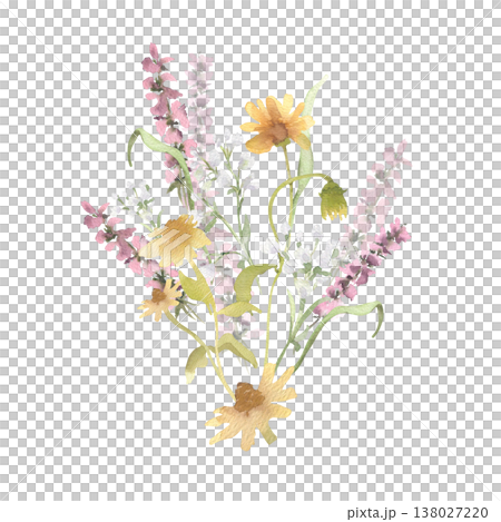 Loose watercolor wildflower bouquet drawing. Artistic flower arrangement with meadow plants and blossom soft colors. Botanical illustration for decorative greeting card and wedding stationery design. Loose watercolor wildflower bouquet drawing. Artistic flower arrangement with meadow plants and blossom soft colors. Botanical illustration for decorative greeting card and wedding stationery design. 138027220
