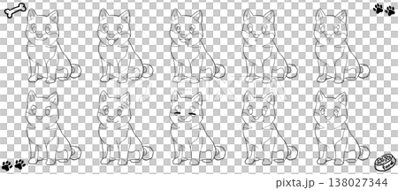 一組描繪不同表情的坐姿柴犬的線條插畫。 138027344