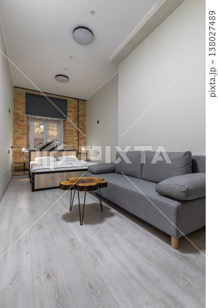 Modern Industrial Studio Apartment with Grey Sofa and Live Edge Wood Table Modern Industrial Studio Apartment with Grey Sofa and Live Edge Wood Table 138027489