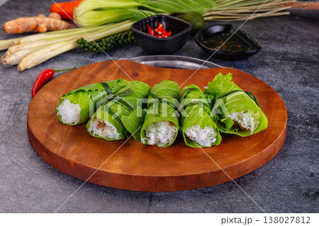 Vietnamese green nem spring rolls in leaf 138027812
