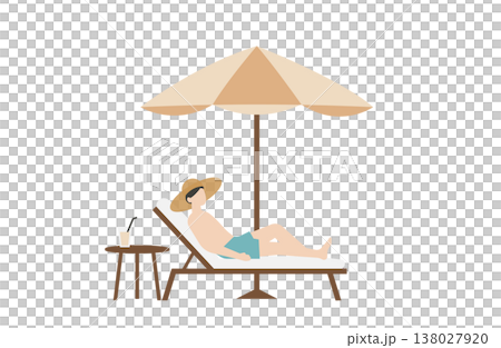 一名身穿泳裝的男子在遮陽傘下放鬆休息。 138027920