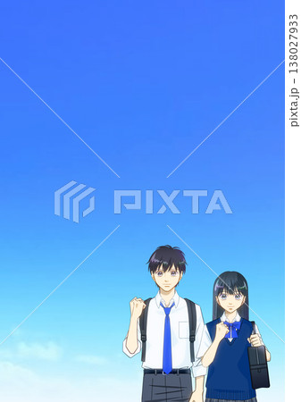 広がる青空、夏服の高校生または中学生の男女のアニメ風イラスト 138027933