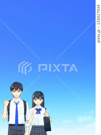 広がる青空、夏服の高校生または中学生の男女のアニメ風イラスト 138027934