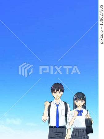 広がる青空、夏服の高校生または中学生の男女のアニメ風イラスト 138027935
