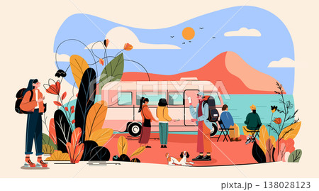 Travel van road trip adventure group friends camping nature landscape mountains lake people backpacks dog outdoor leisure colorful foliage 138028123