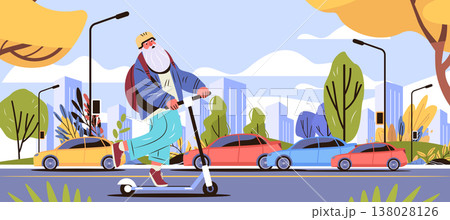 Active senior man riding electric scooter urban city street autumn trees modern buildings cars outdoor activity healthy lifestyle Active senior man riding electric scooter urban city street autumn trees modern buildings cars outdoor activity healthy lifestyle 138028126
