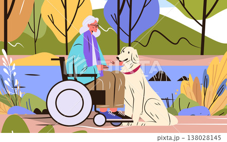 Senior woman wheelchair dog companionship outdoor park autumn colorful trees nature landscape flat design Senior woman wheelchair dog companionship outdoor park autumn colorful trees nature landscape flat design 138028145