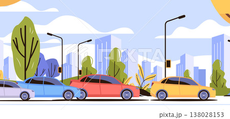 City traffic urban street cars modern buildings trees colorful landscape road scene skyline streetlights City traffic urban street cars modern buildings trees colorful landscape road scene skyline streetlights 138028153