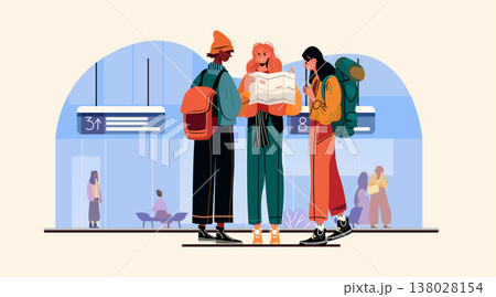 Young travelers planning journey at station group of friends with backpacks reading map in modern terminal interior blue background flat design 138028154