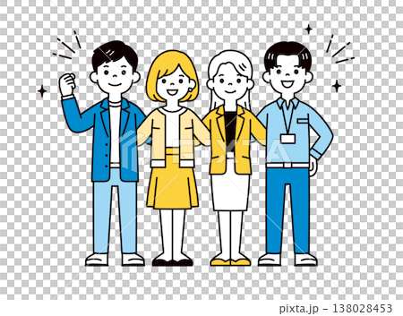 Simple full-body vector illustration of several young male and female business professionals with their arms around each other's shoulders, showing solidarity. 138028453