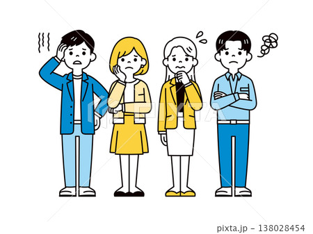 困る・悩む・考えるポーズの、若い会社員・男性と女性の全身ベクターイラスト素材セット 138028454