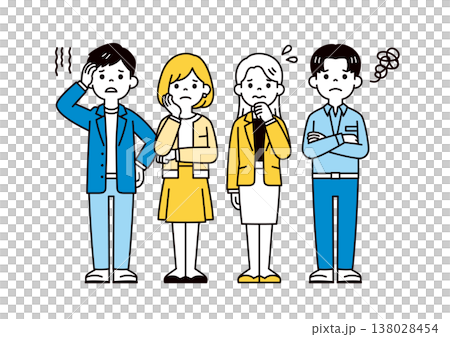 困る・悩む・考えるポーズの、若い会社員・男性と女性の全身ベクターイラスト素材セット 138028454