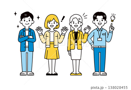 トラブル解消した、複数の社員・スタッフ・ビジネスパーソンの全身ベクターイラスト素材セット 138028455
