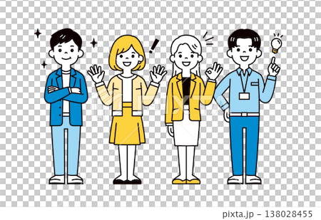 トラブル解消した、複数の社員・スタッフ・ビジネスパーソンの全身ベクターイラスト素材セット 138028455