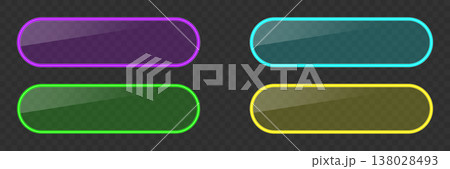 Neon light pill frame with rounded corners. Modern glowing banner for web, game and casino interfaces, call to action buttons and digital advertising design. 138028493