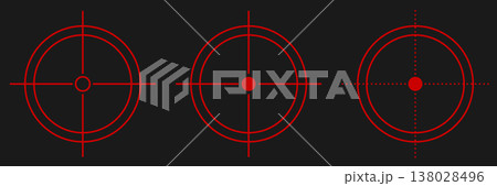 Red sniper crosshair icon set with circular reticles. Digital targeting graphics for shooting games, tactical HUD overlays, weapon aim systems, military simulation, and cyber interface design. 138028496