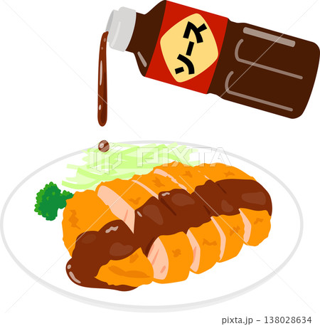 プラスチックボトルからカツに注がれるソース 138028634