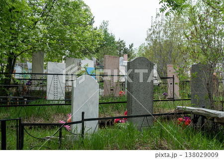Quiet Overgrown Cemetery With Weathered Tombstones and Wildflowers Among Trees on a Cloudy Day Quiet Overgrown Cemetery With Weathered Tombstones and Wildflowers Among Trees on a Cloudy Day 138029009