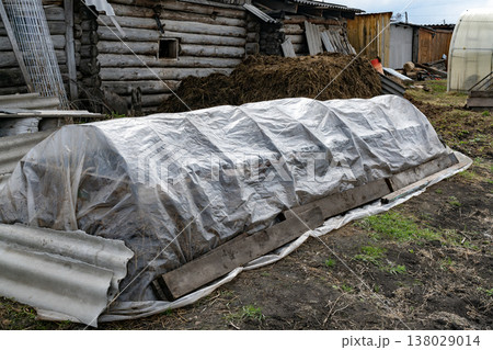 Plastic Covered Garden Bed Near Log Shed With Compost Pile in Rural Backyard 138029014