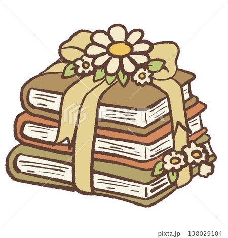 Stack of vintage books tied with ribbon and daisy flowers cozy bookish cottagecore illustration pastel reading clipart for planners stickers Stack of vintage books tied with ribbon and daisy flowers cozy bookish cottagecore illustration pastel reading clipart for planners stickers 138029104