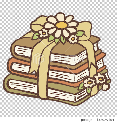 Stack of vintage books tied with ribbon and daisy flowers cozy bookish cottagecore illustration pastel reading clipart for planners stickers Stack of vintage books tied with ribbon and daisy flowers cozy bookish cottagecore illustration pastel reading clipart for planners stickers 138029104