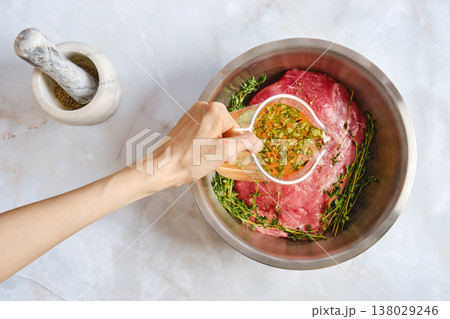 Raw pork shoulder ready for marinating 138029246
