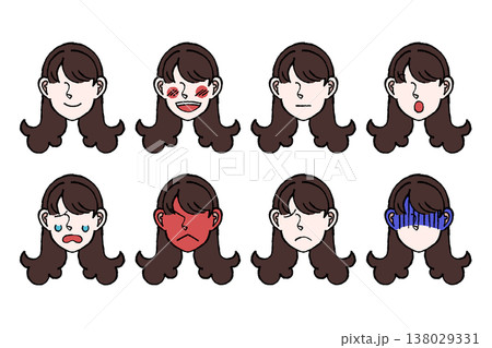 人物 顔 表情 セット アイコン 喜怒哀楽 ロングヘアー イラスト 138029331