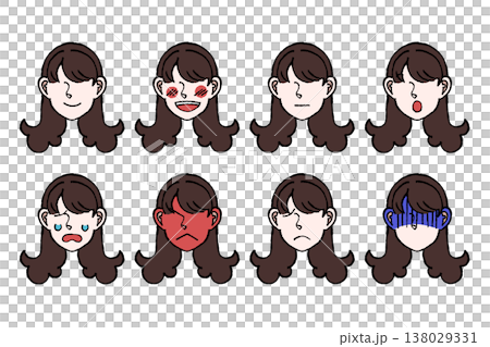 人物 顔 表情 セット アイコン 喜怒哀楽 ロングヘアー イラスト 138029331