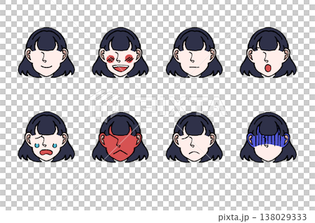 Character Face Expression Set Icons: Joy, Anger, Sorrow, and Pleasure (Semi-long Hair Illustration) 138029333