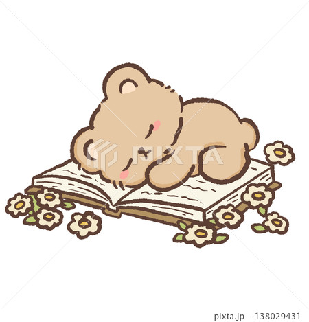 Cute sleeping teddy bear resting on open book with flowers cozy reading cottagecore illustration pastel bear clipart 138029431