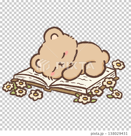 Cute sleeping teddy bear resting on open book with flowers cozy reading cottagecore illustration pastel bear clipart 138029431