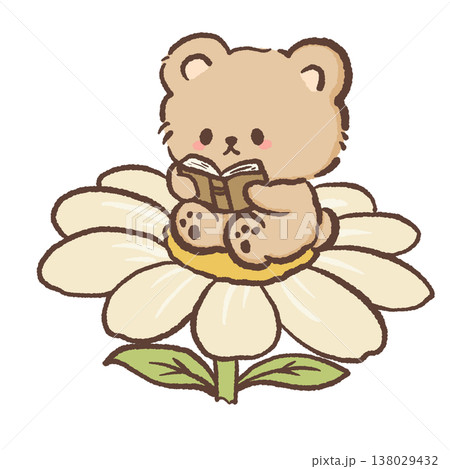 Cute teddy bear reading book sitting on daisy flower cozy bookish cottagecore illustration pastel bear clipart for planners stickers 138029432