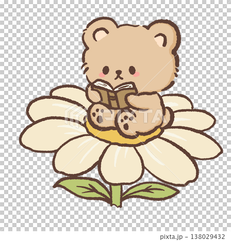 Cute teddy bear reading book sitting on daisy flower cozy bookish cottagecore illustration pastel bear clipart for planners stickers 138029432