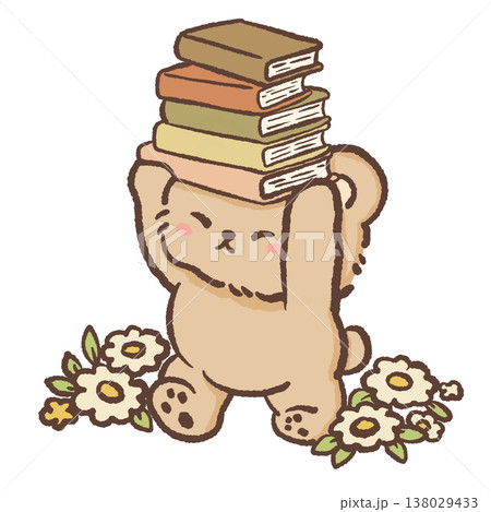 Cute teddy bear balancing tall stack of books on head playful book lover cottagecore reading illustration pastel bear clipart 138029433