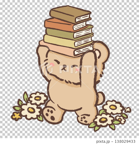 Cute teddy bear balancing tall stack of books on head playful book lover cottagecore reading illustration pastel bear clipart 138029433
