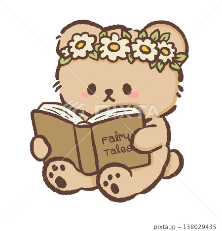 Cute teddy bear wearing daisy flower crown reading fairy tale book cozy bookish cottagecore illustration pastel bear clipart 138029435