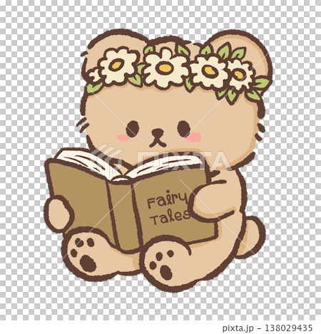 Cute teddy bear wearing daisy flower crown reading fairy tale book cozy bookish cottagecore illustration pastel bear clipart 138029435