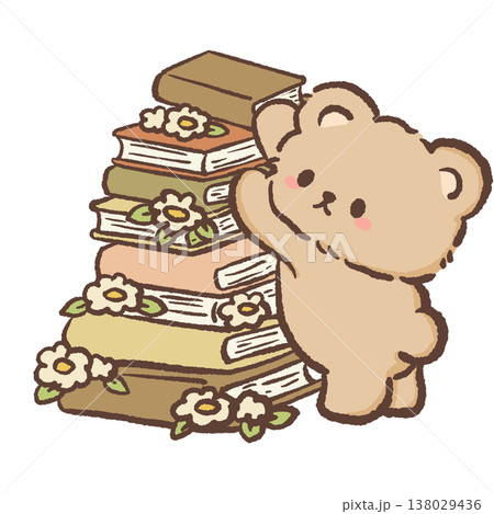 Cute teddy bear hugging tall stack of books with flowers cozy book lover cottagecore reading illustration pastel bear clipart Cute teddy bear hugging tall stack of books with flowers cozy book lover cottagecore reading illustration pastel bear clipart 138029436