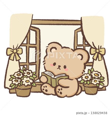 Cute teddy bear reading book by cozy window with flowers cottagecore reading illustration pastel bear clipart for planners stickers Cute teddy bear reading book by cozy window with flowers cottagecore reading illustration pastel bear clipart for planners stickers 138029438
