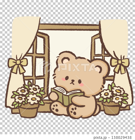 Cute teddy bear reading book by cozy window with flowers cottagecore reading illustration pastel bear clipart for planners stickers Cute teddy bear reading book by cozy window with flowers cottagecore reading illustration pastel bear clipart for planners stickers 138029438