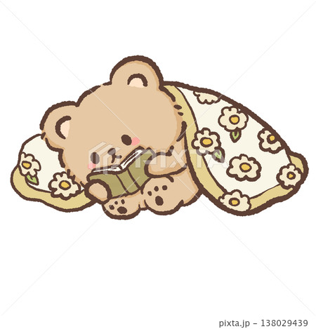 Cute teddy bear reading book under cozy daisy flower blanket sweet bookish cottagecore reading illustration pastel bear clipart 138029439