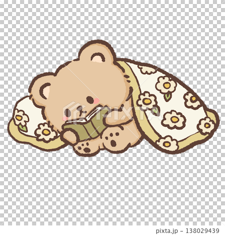 Cute teddy bear reading book under cozy daisy flower blanket sweet bookish cottagecore reading illustration pastel bear clipart 138029439