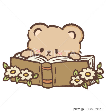 Cute teddy bear peeking behind big open book with flowers cozy bookish reading illustration pastel bear clipart 138029440