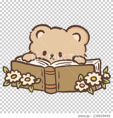 Cute teddy bear peeking behind big open book with flowers cozy bookish reading illustration pastel bear clipart 138029440